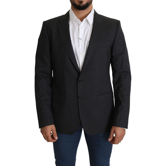 Elegant Gray Wool Silk Blend Slim Fit Blazer