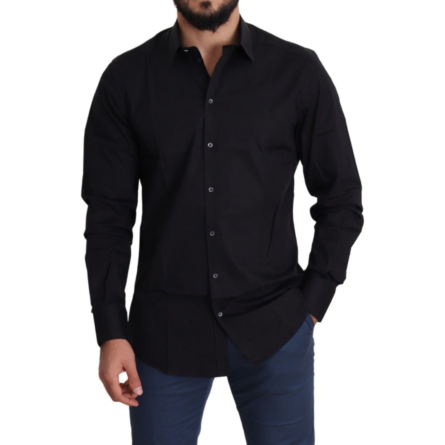 Elegant Black Cotton Stretch Dress Shirt