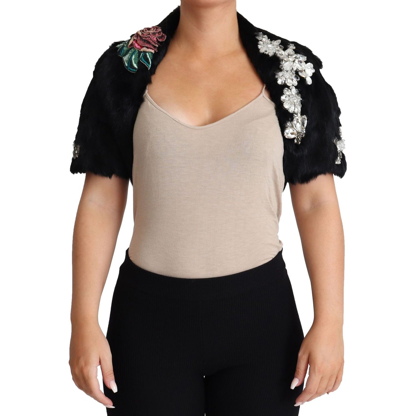 Dolce & Gabbana Black Rabbit Fur Crystals Sequin Coat