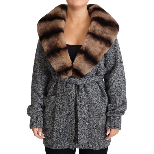 Elegant Cashmere Cardigan with Rabbit Fur Collar