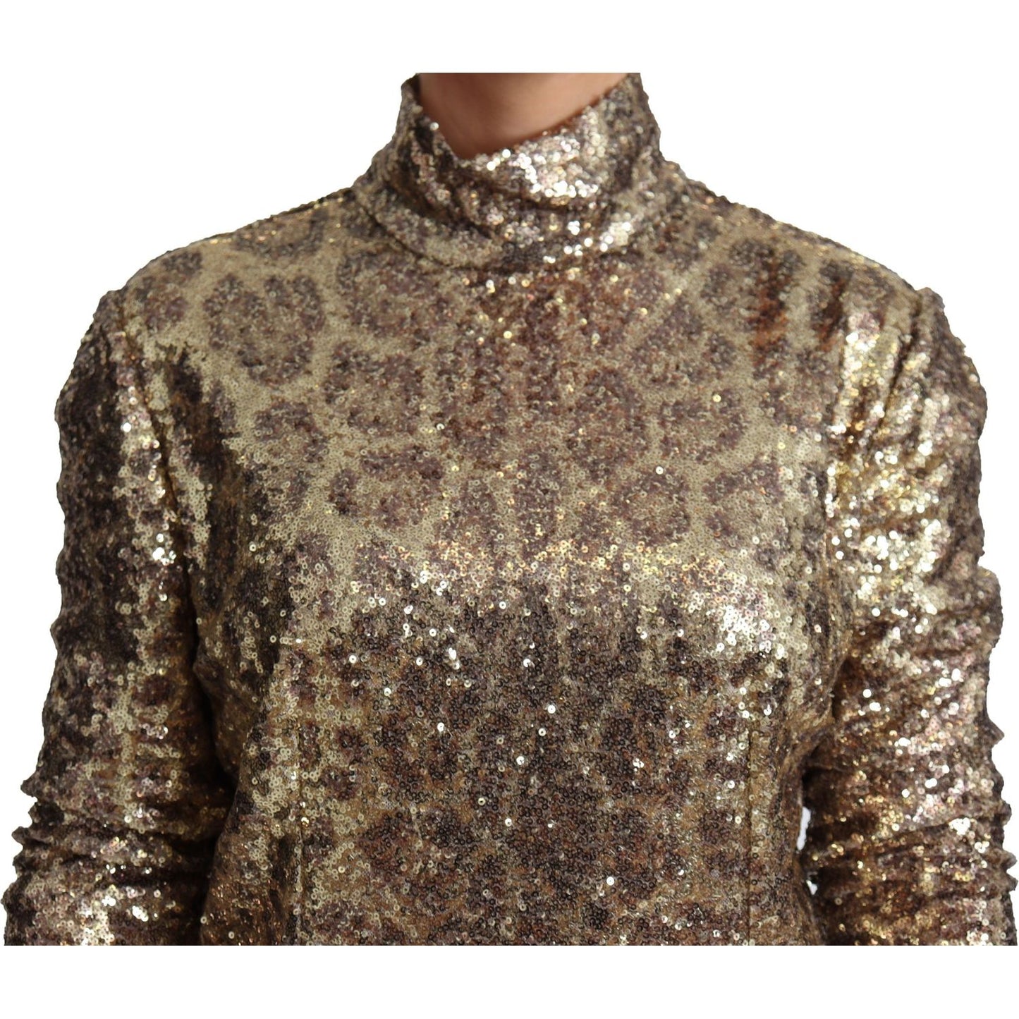 Sequined Turtleneck Full Zip Sweater in Brown