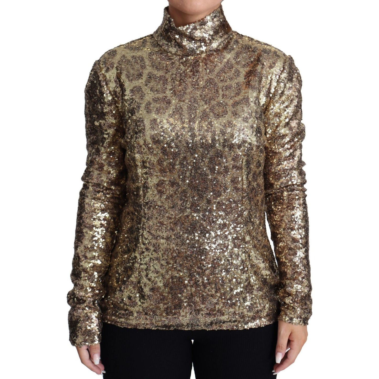 Sequined Turtleneck Full Zip Sweater in Brown