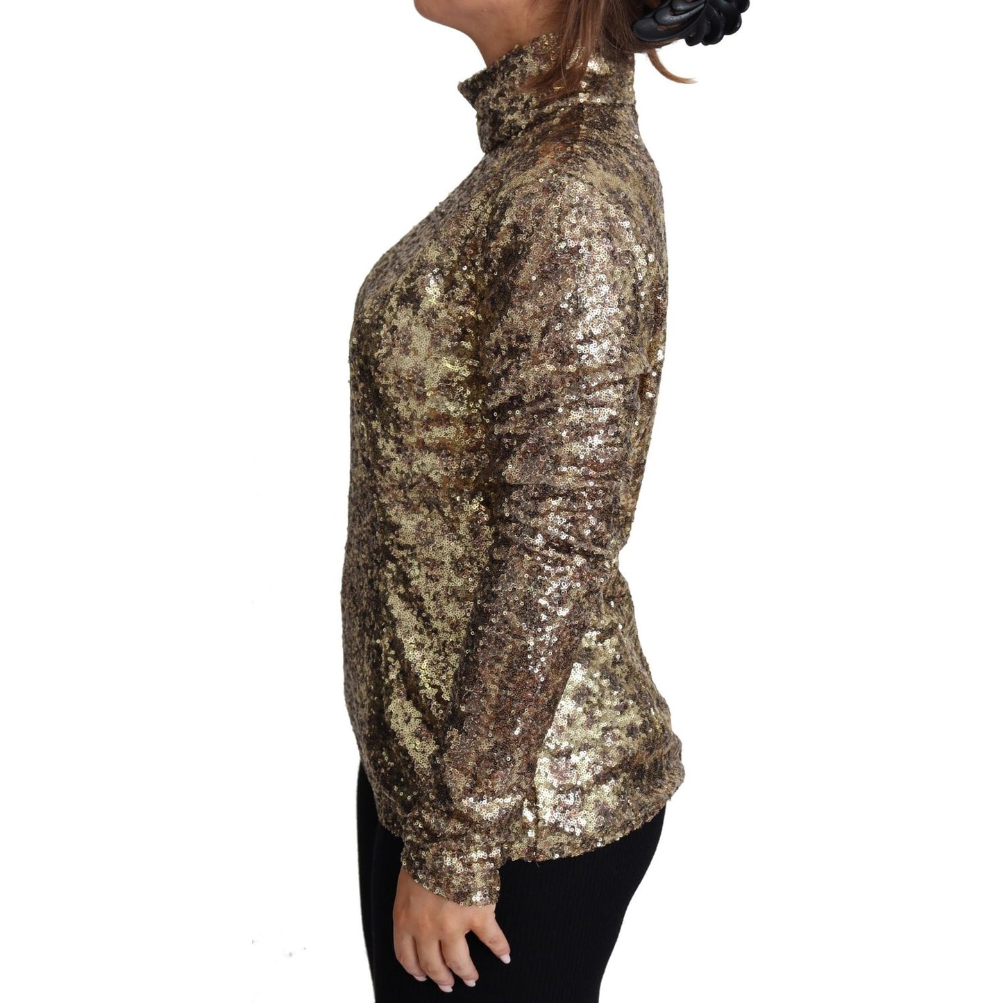 Sequined Turtleneck Full Zip Sweater in Brown