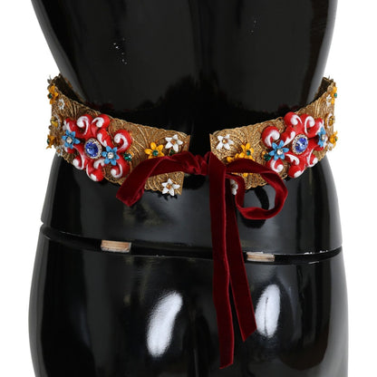 Dolce & Gabbana Embellished Floral Crystal Wide Waist Golden Belt