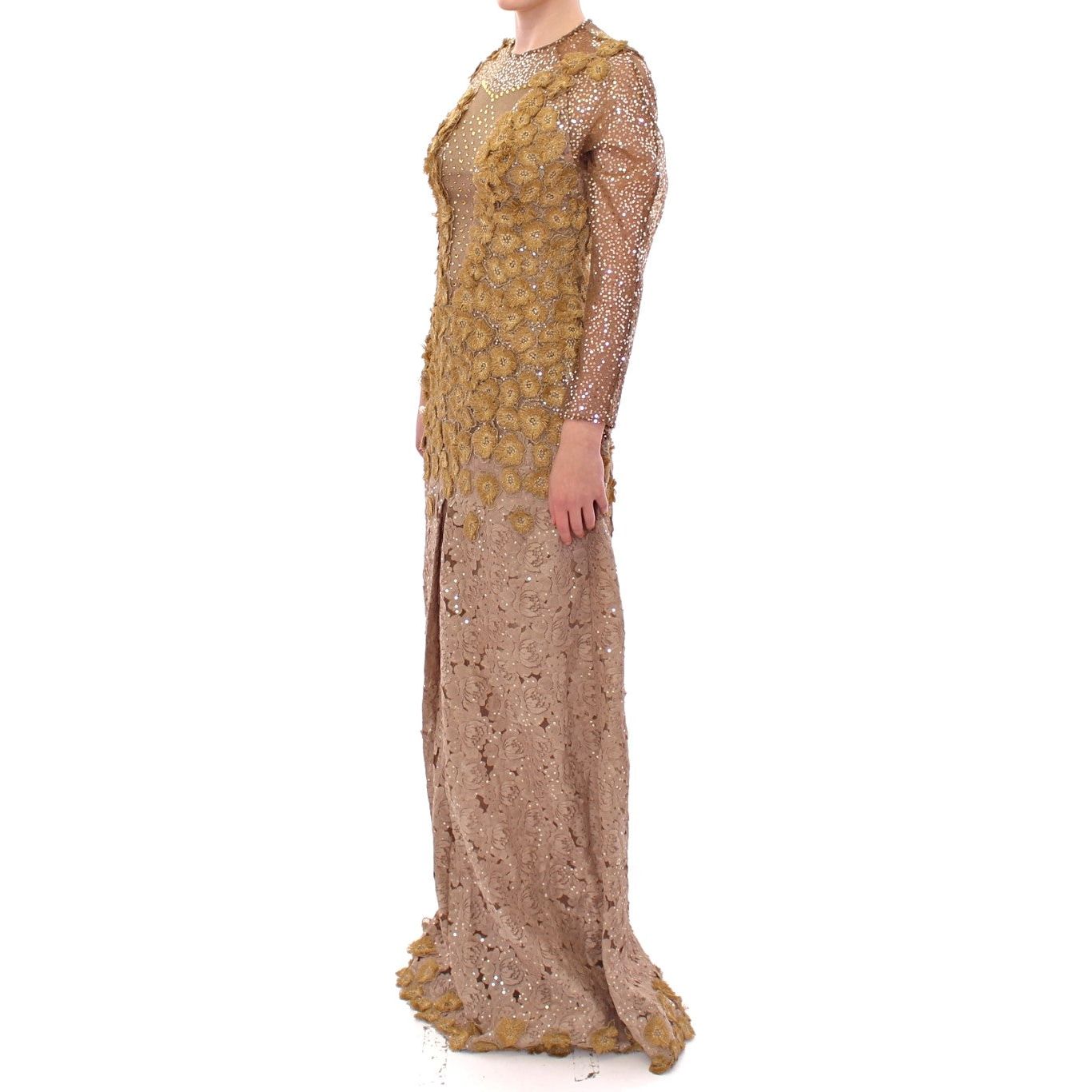 Exquisite Gold Lace Maxi Dress with Crystals