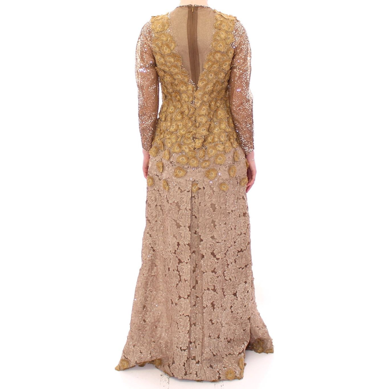 Exquisite Gold Lace Maxi Dress with Crystals