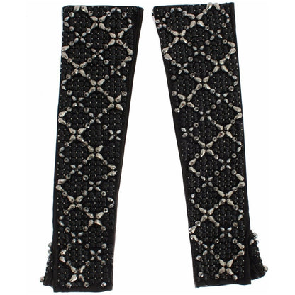 Dolce & Gabbana Black Leather Crystal Beaded Finger Free Gloves