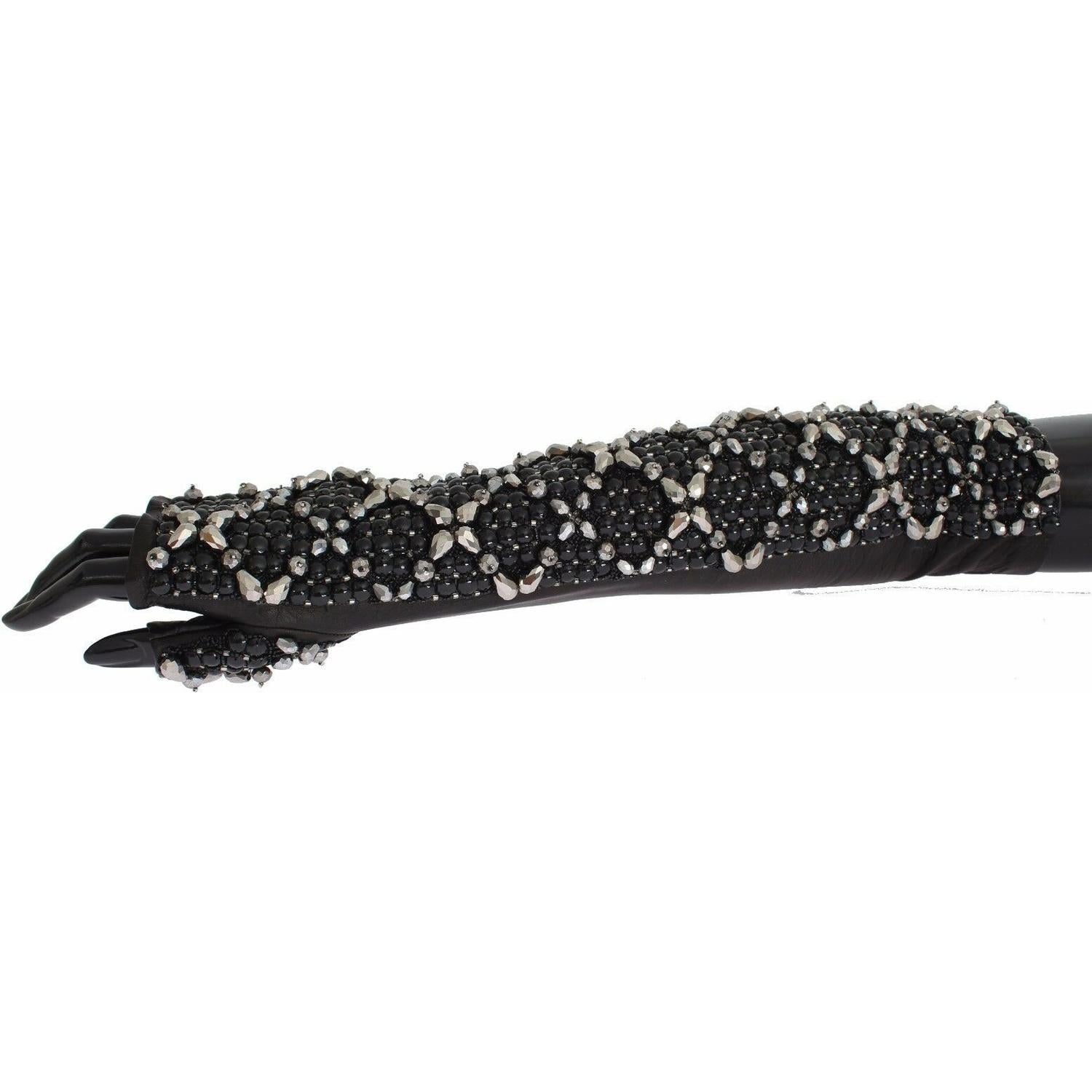 Dolce & Gabbana Black Leather Crystal Beaded Finger Free Gloves