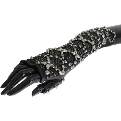 Dolce & Gabbana Black Leather Crystal Beaded Finger Free Gloves