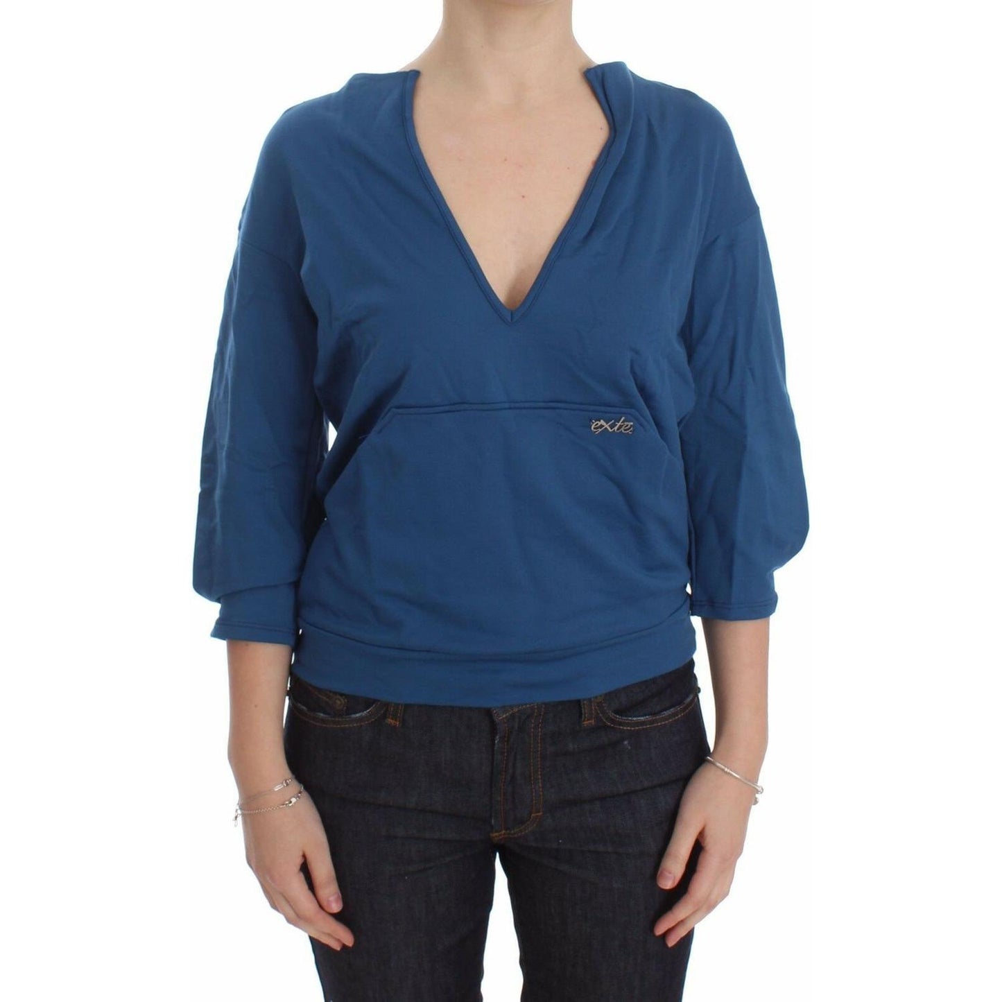 Exte Blue Cotton Top Pullover Deep V-neck Women Sweater