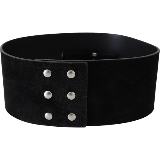 Elegant Black Leather Wide Belt with Silver Tone Buckle