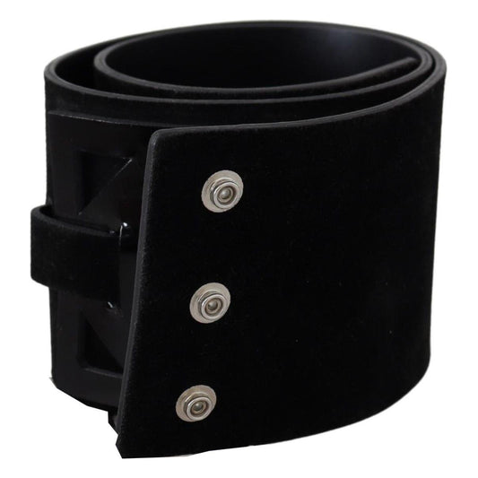 Elegant Black Leather Wide Belt with Silver Tone Buckle