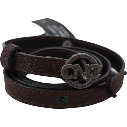Costume National Brown Skinny Leather Round Logo Buckle Belt