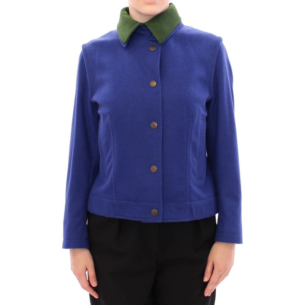 Elegant Blue Wool Jacket with Removable Collar