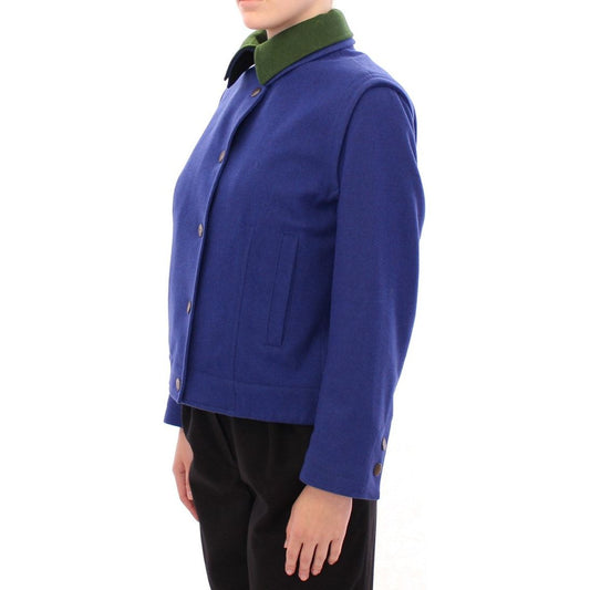 Elegant Blue Wool Jacket with Removable Collar