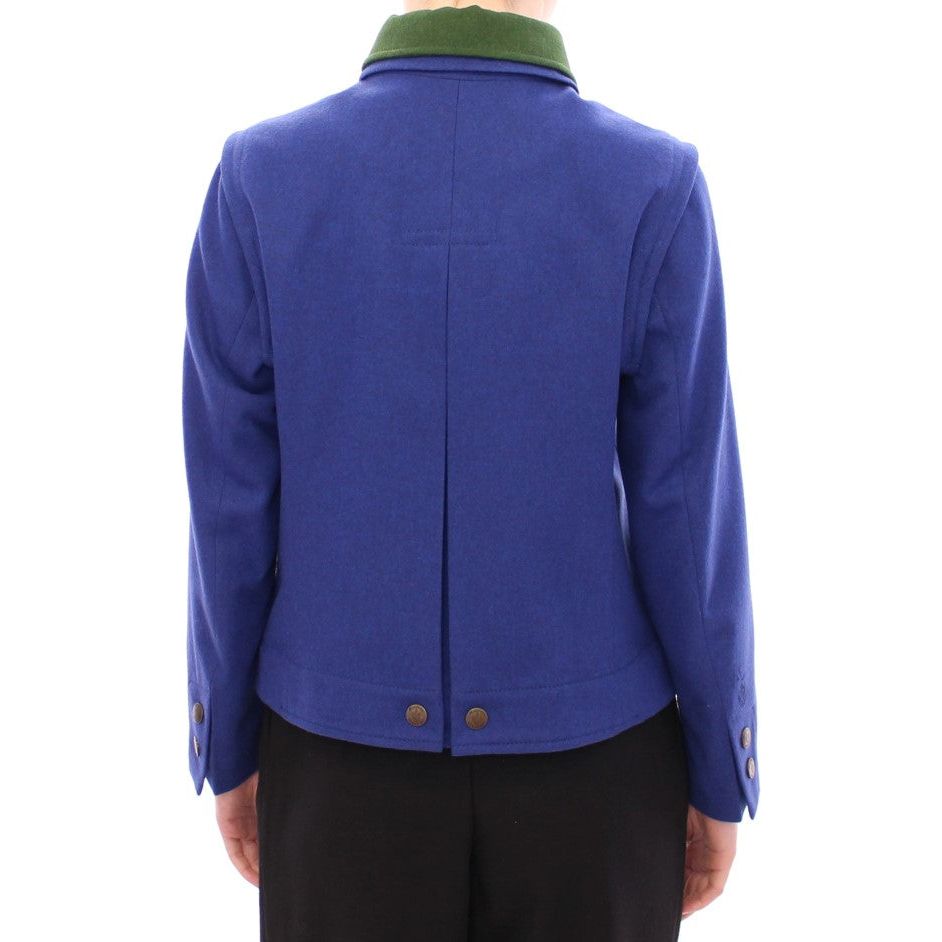 Elegant Blue Wool Jacket with Removable Collar