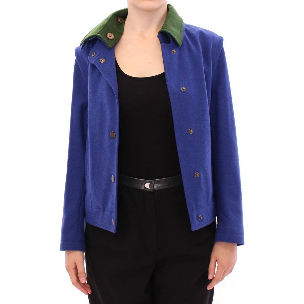 Elegant Blue Wool Jacket with Removable Collar