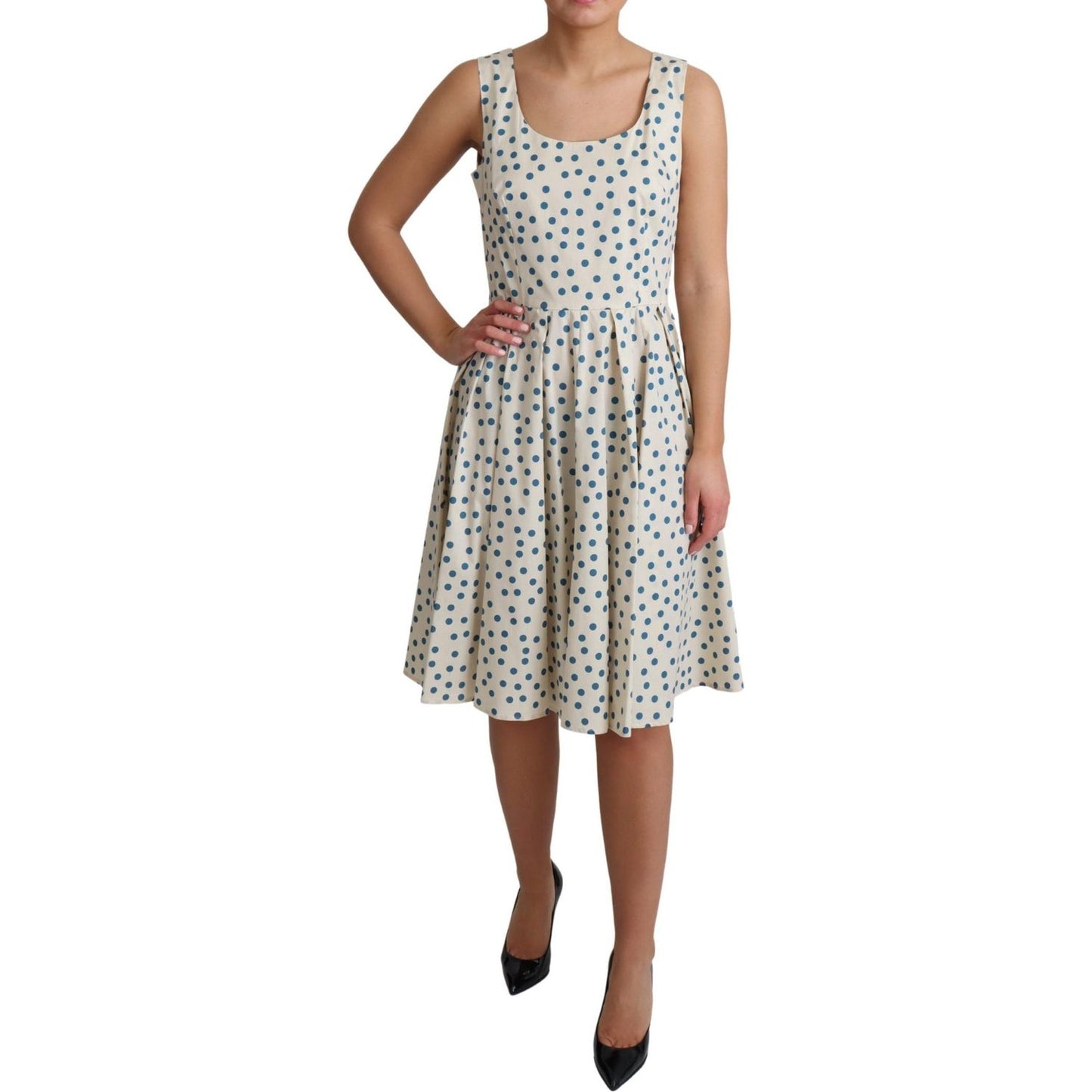 Elegant Beige Polka Dot A-Line Sleeveless Dress