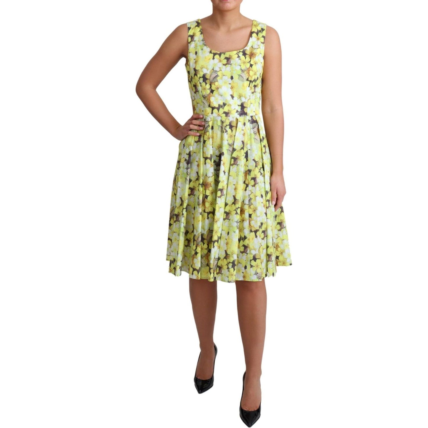 Elegant Yellow Floral A-Line Sleeveless Dress