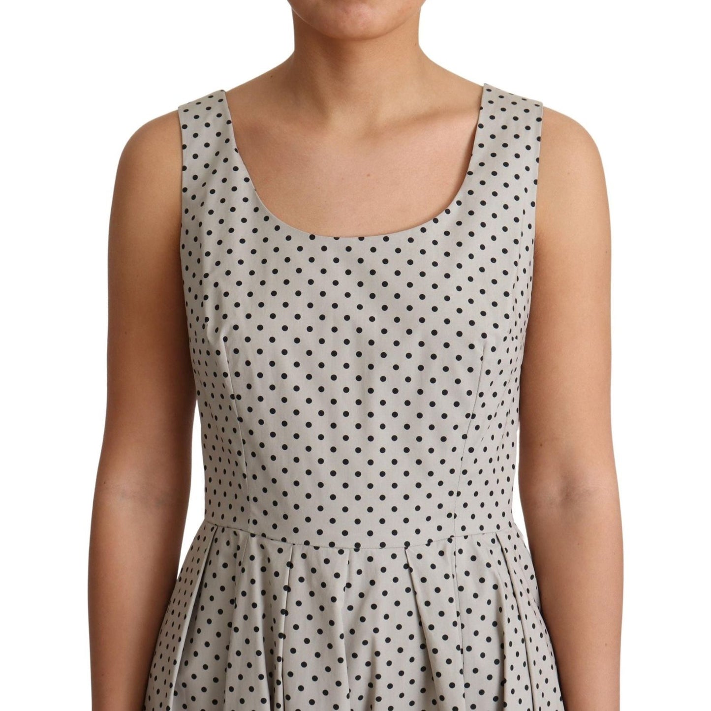 Polka-Dotted Beige Sleeveless A-line Dress