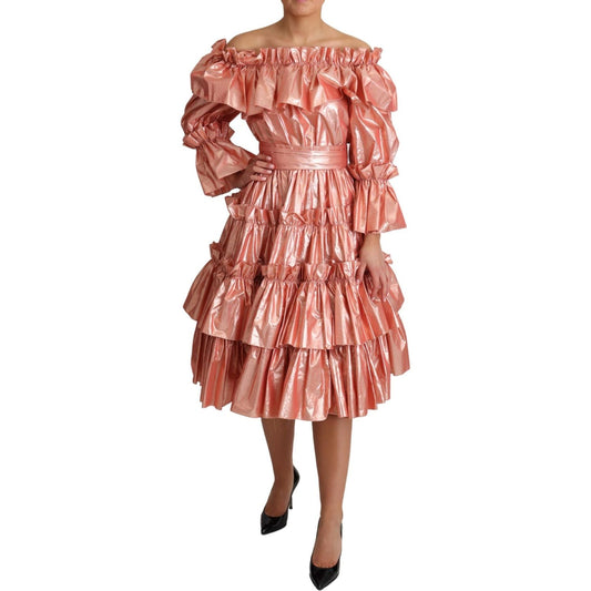 Pink Metallic Ruffled Gown Elegance