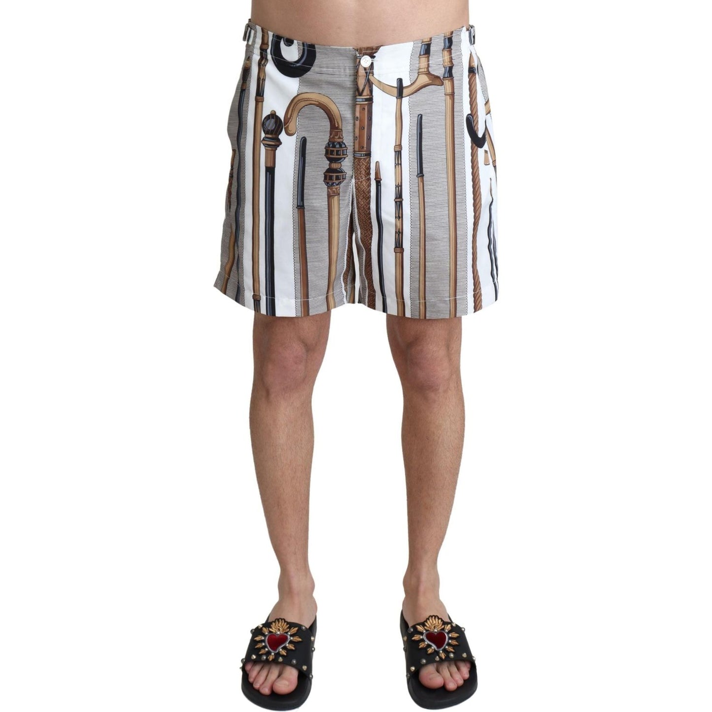 Dolce & Gabbana White Walking Stick Beachwear Shorts Swimshorts