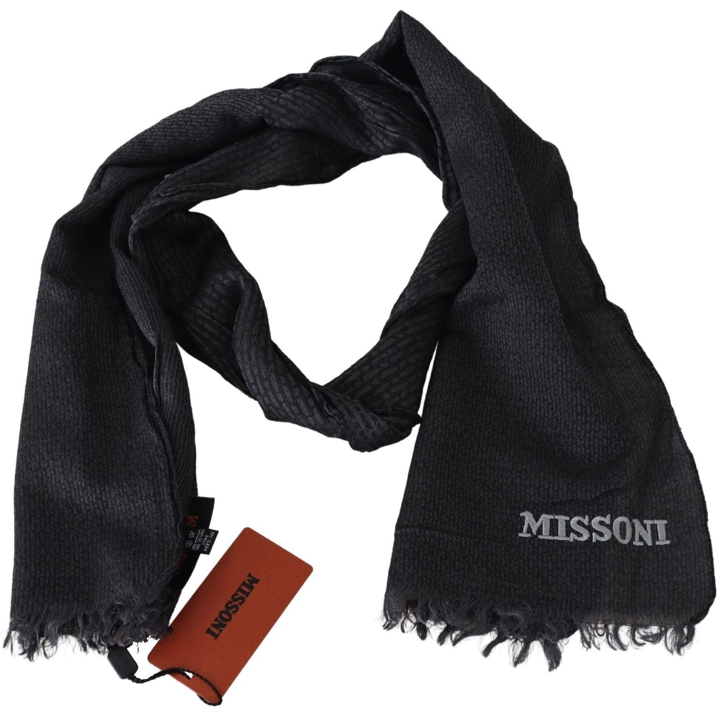 Elegant Black Wool Fringed Scarf