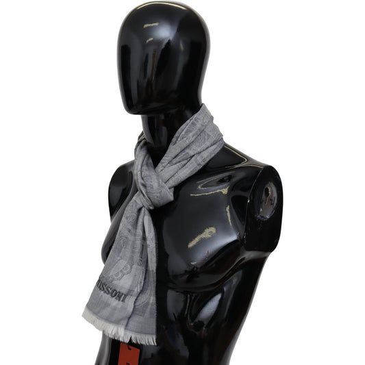 Chic Unisex Gray Wool Scarf with Logo Embroidery