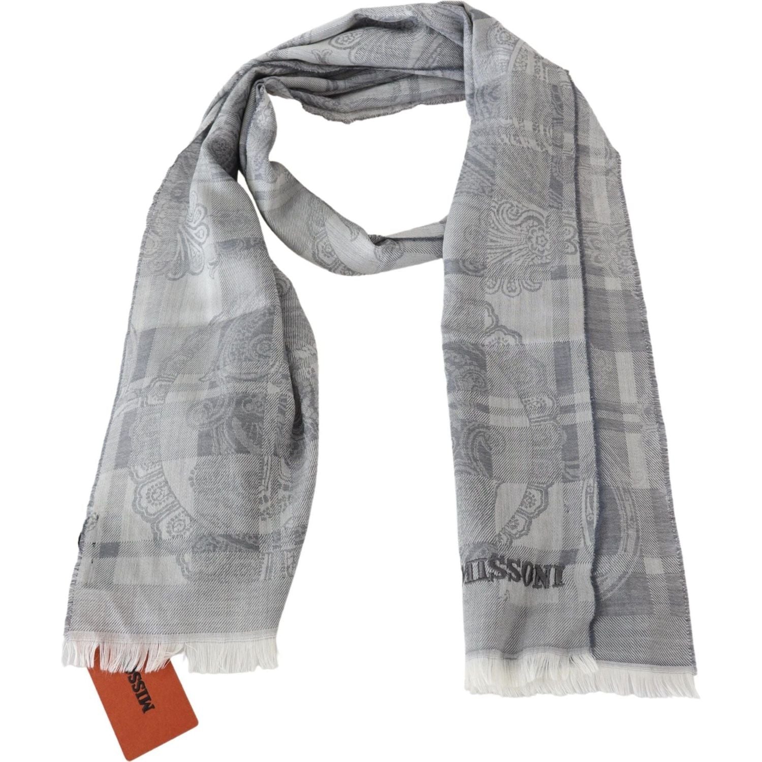 Missoni Gray Floral Wool Unisex Neck Wrap Fringes Scarf