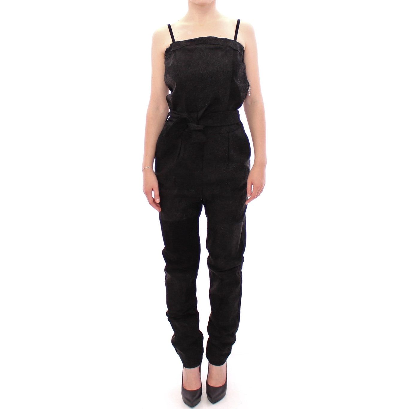 La Maison du Couturier | Elegant Black Leather Jumpsuit with Waist Strap| McRichard Designer Brands   