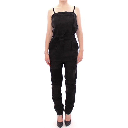 Elegant Black Leather Jumpsuit with Waist Strap