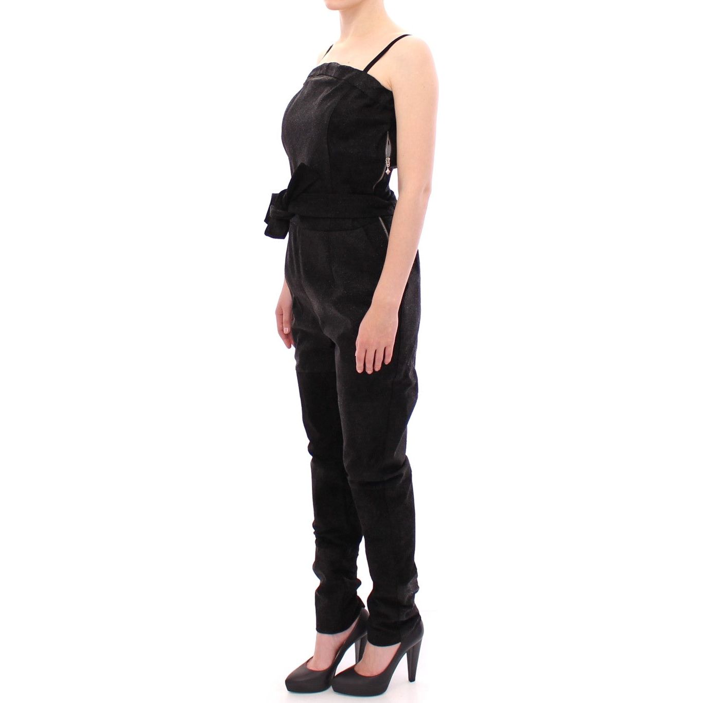 Elegant Black Leather Jumpsuit with Waist Strap