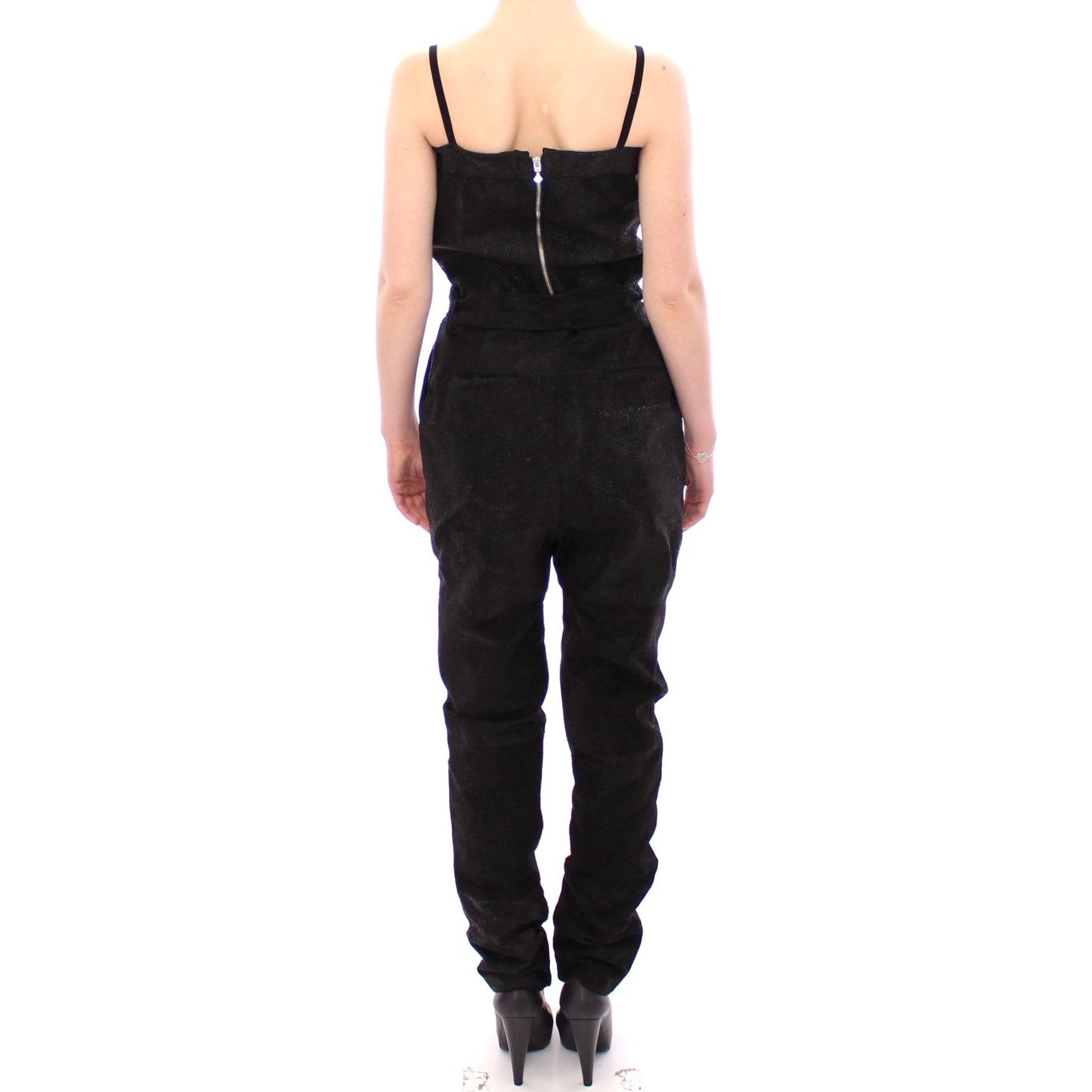 Elegant Black Leather Jumpsuit with Waist Strap