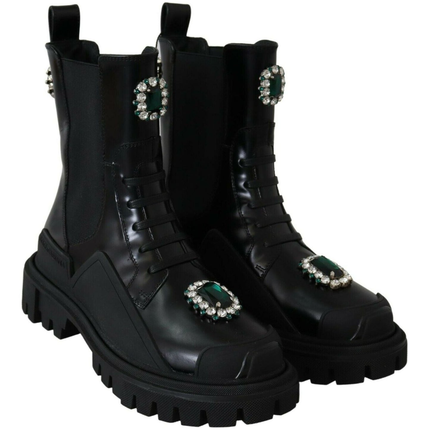 Elegant Black Leather Combat Boots with Crystal Detail