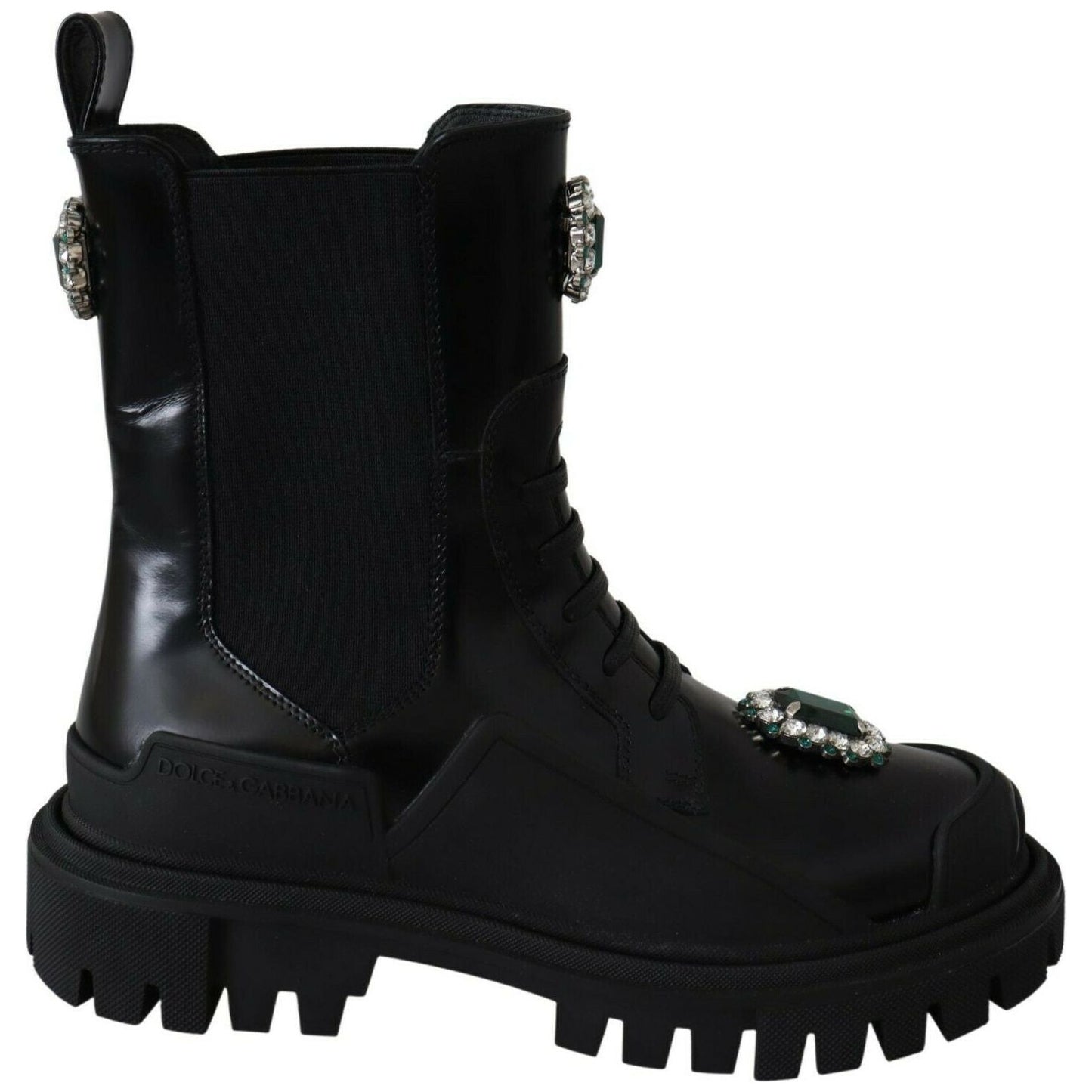 Elegant Black Leather Combat Boots with Crystal Detail