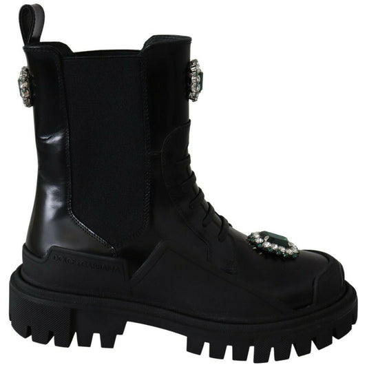 Elegant Black Leather Combat Boots with Crystal Detail