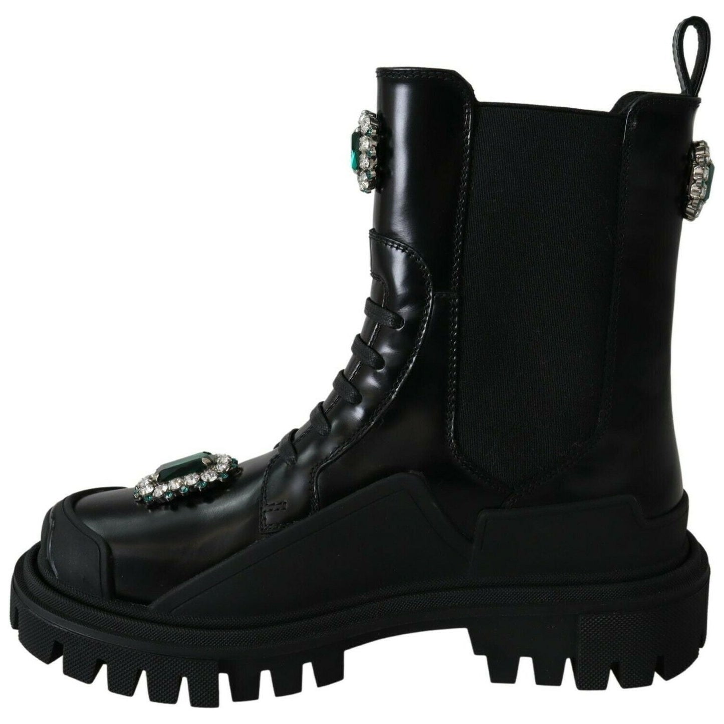 Elegant Black Leather Combat Boots with Crystal Detail