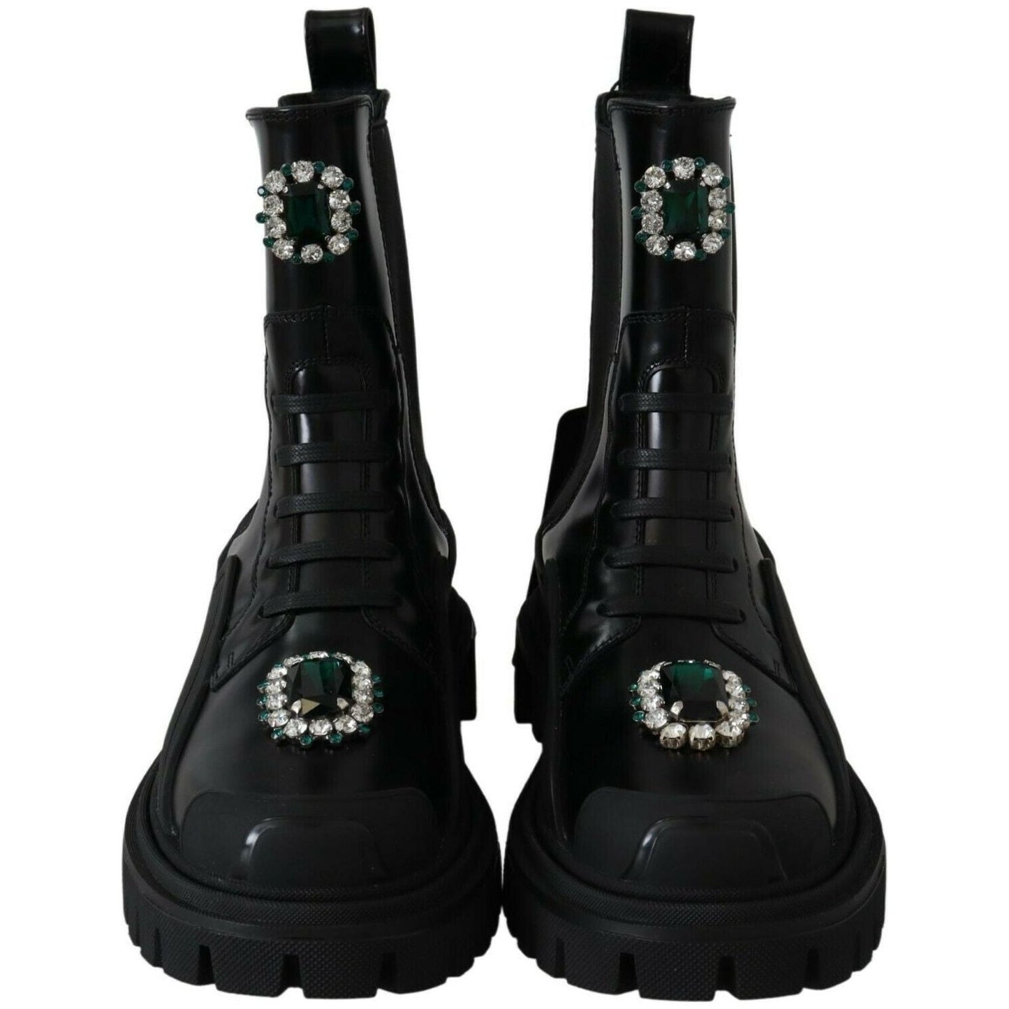 Elegant Black Leather Combat Boots with Crystal Detail