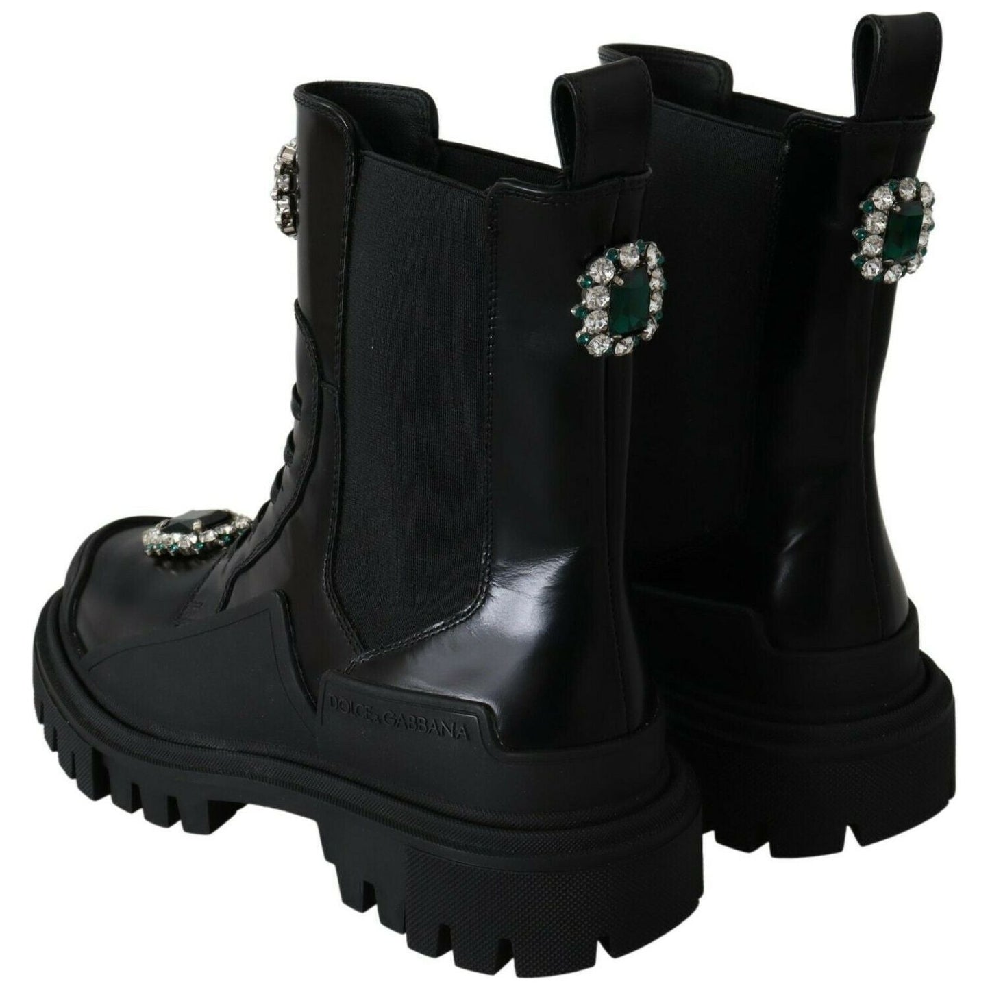 Elegant Black Leather Combat Boots with Crystal Detail