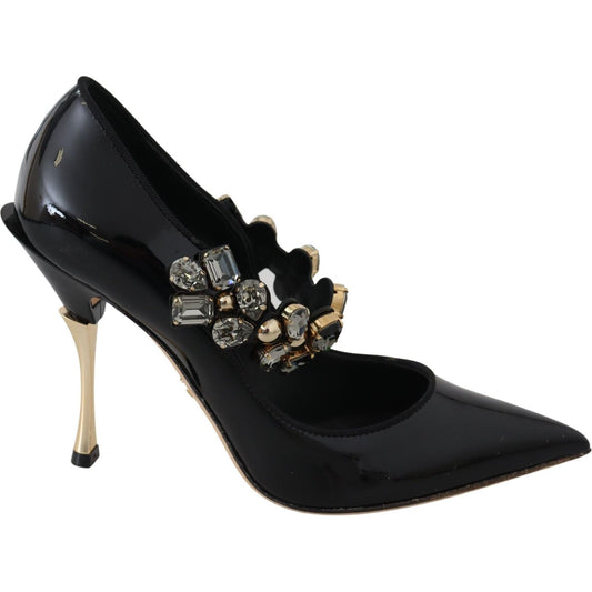 Elegant Black Leather Crystal Pumps