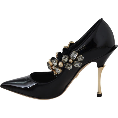 Dolce & Gabbana Black Leather Crystal Shoes Mary Jane Pumps