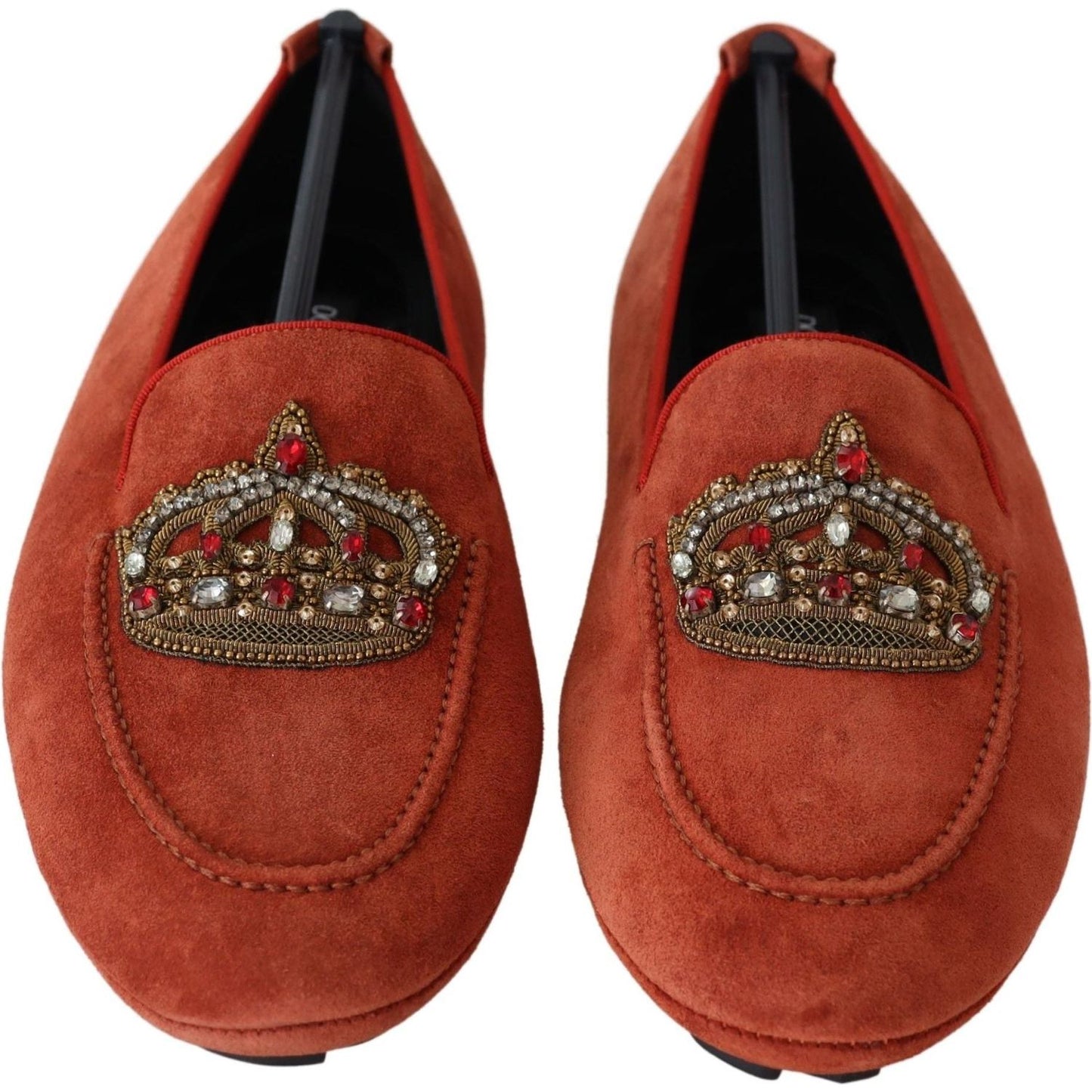 Opulent Orange Leather Loafers with Gold Embroidery