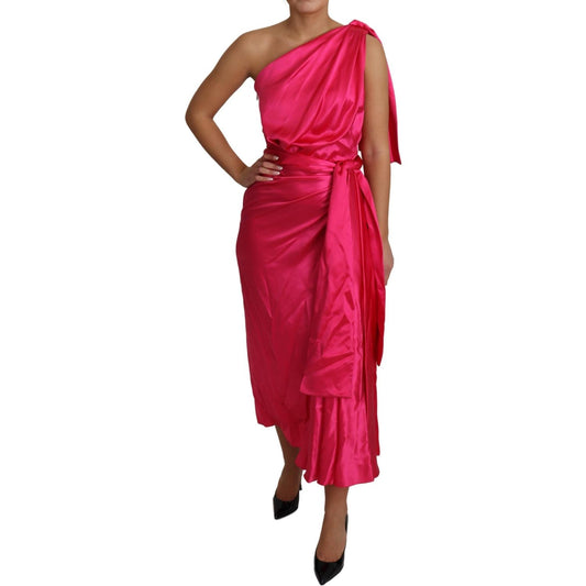 Elegant Fuchsia Silk One-Shoulder Wrap Dress