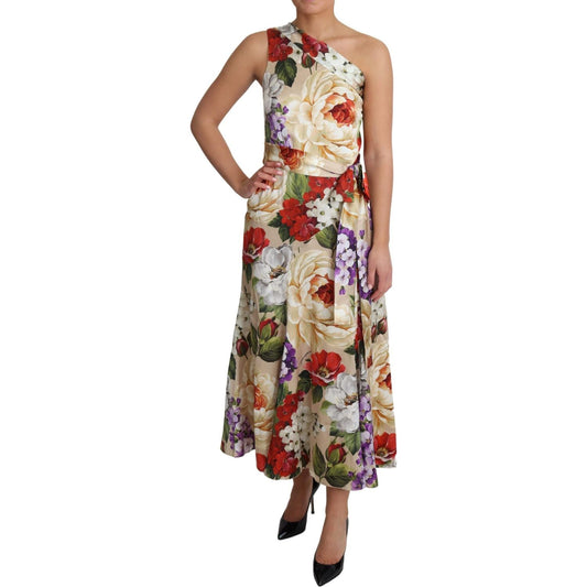 Elegant One-Shoulder Floral Silk Maxi Dress