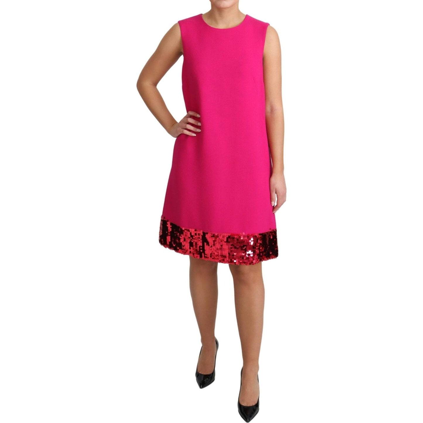 Elegant Fuchsia Sequined Wool Blend Shift Dress