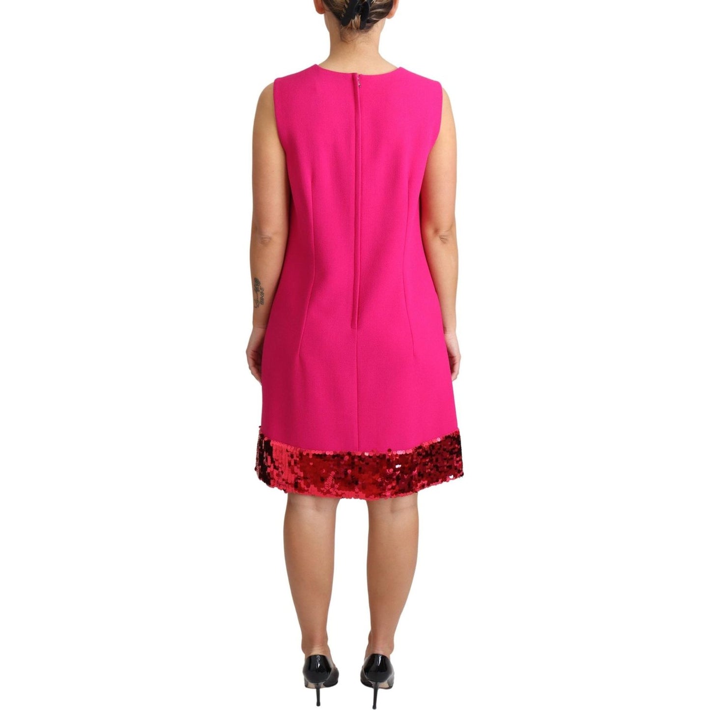 Elegant Fuchsia Sequined Wool Blend Shift Dress