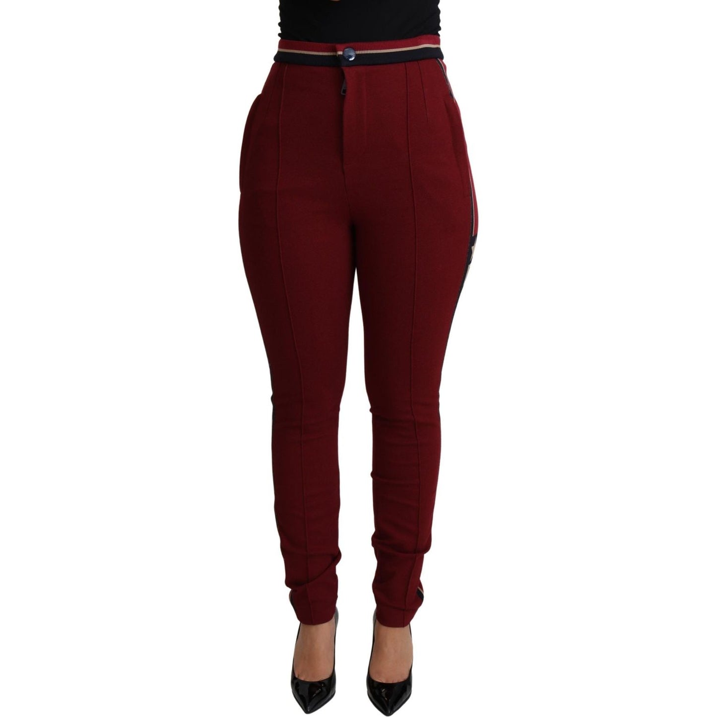 High-Waist Embroidered Red Skinny Trousers