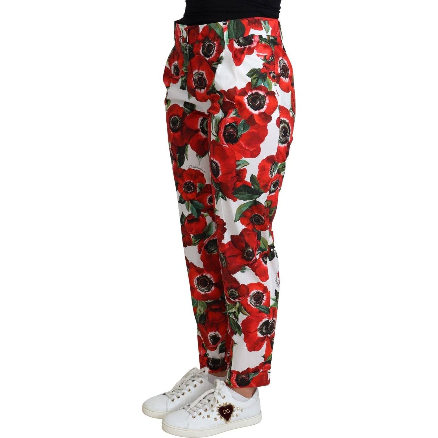 Elegant White Poppy Print Tapered Pants