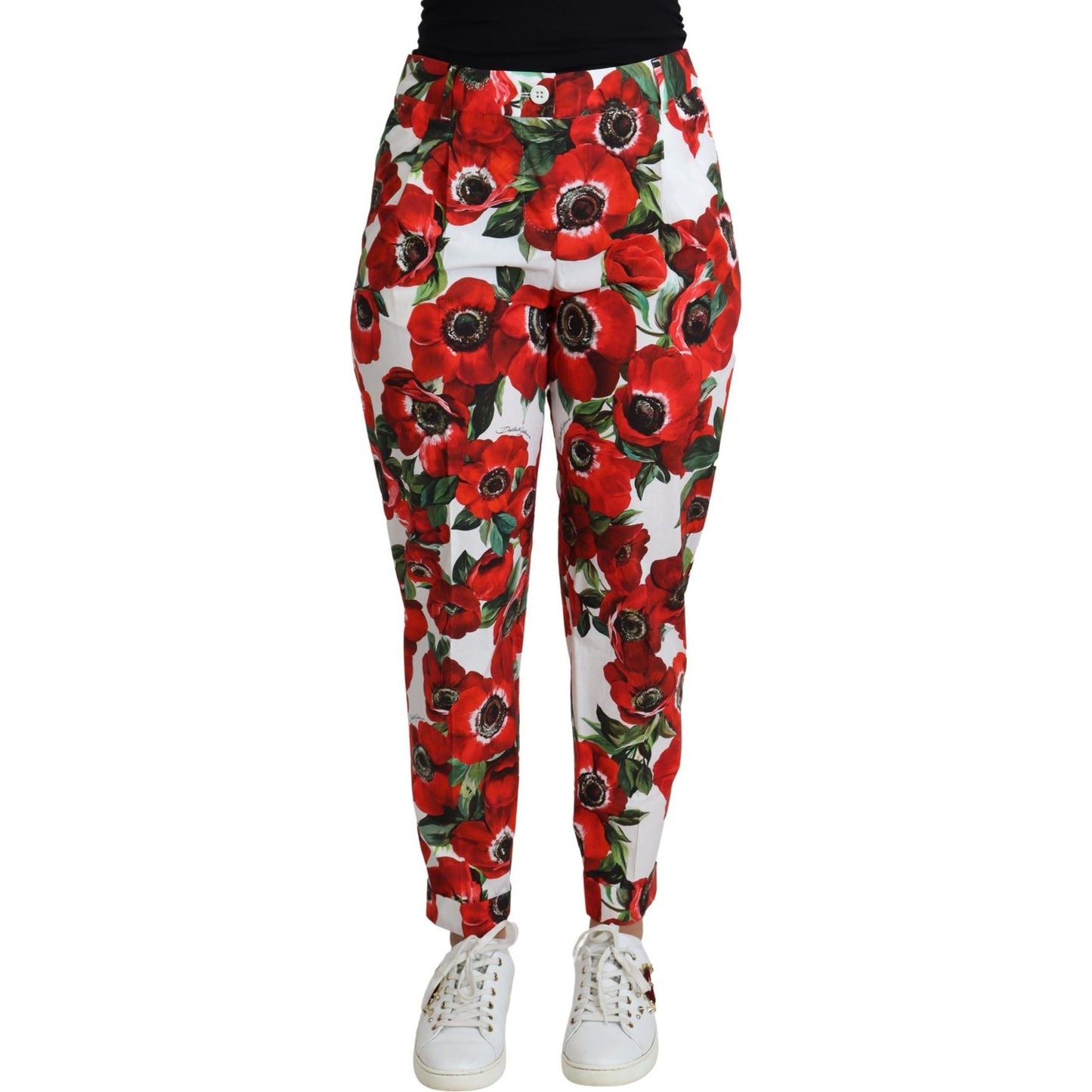 Elegant White Poppy Print Tapered Pants