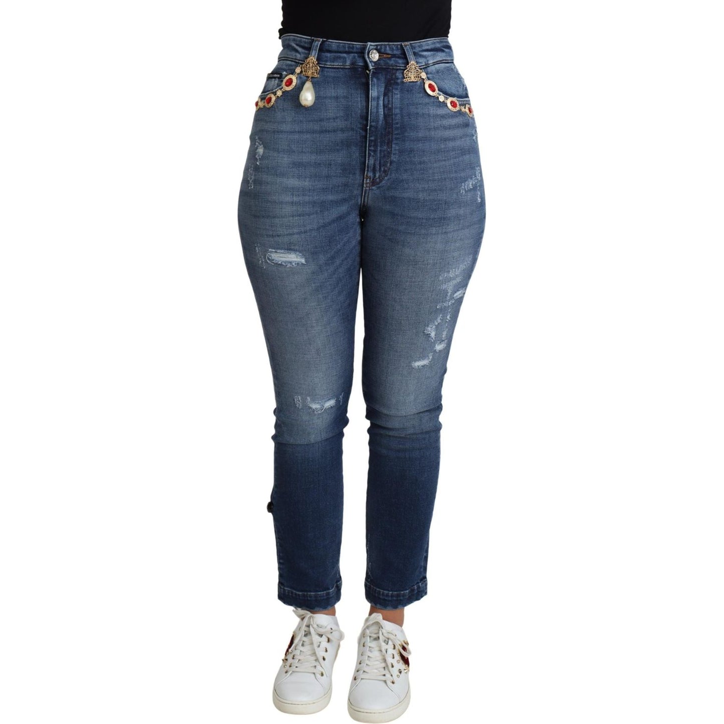 Dolce & Gabbana Blue Embellished Skinny Trouser Cotton Jeans Dolce & Gabbana